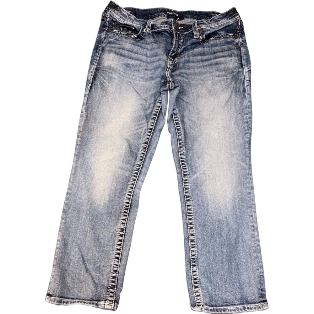 VIGOSS Junors Blue Denim Dallas Capri Heritage Fit sz 13/14 Embelleshed
